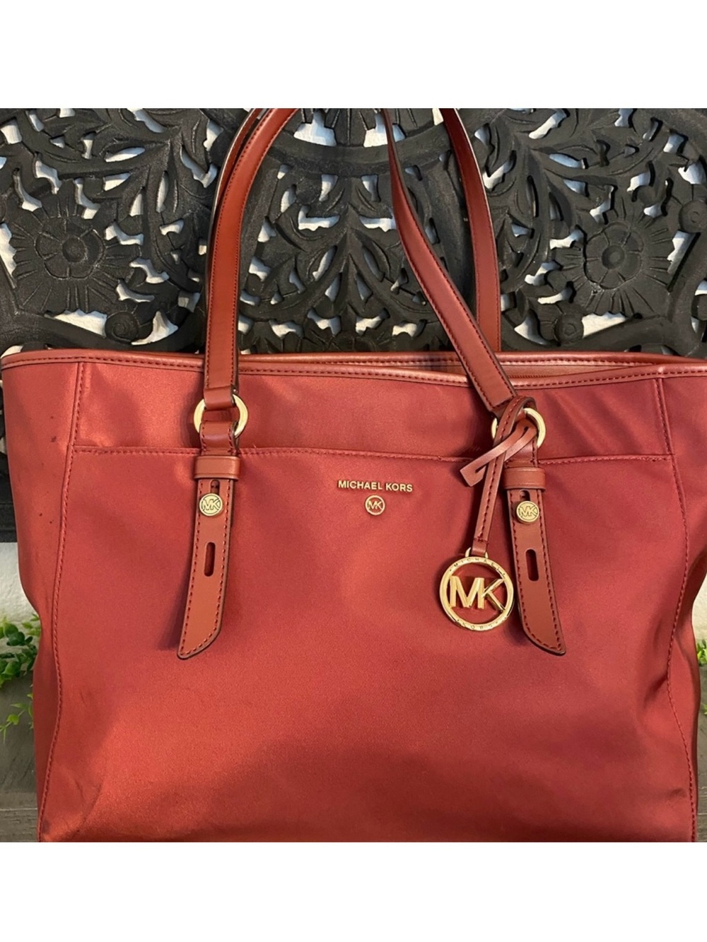 Michael Kors Cherry Red Tote with Gold MK Charm